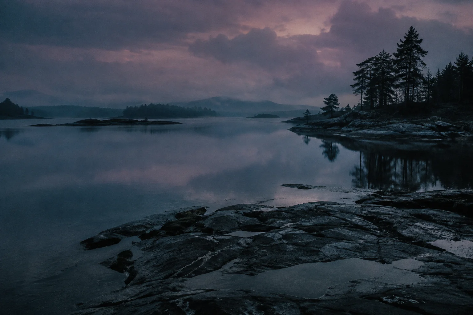 Wet slate beside still water, with distant trees under a dark sky