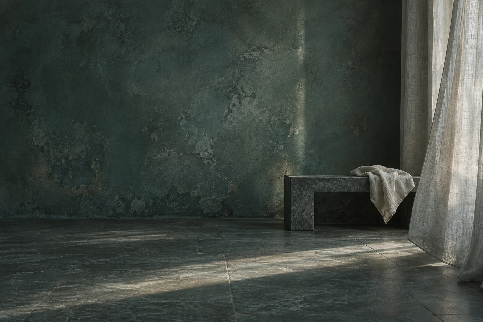 Soft window light and a lifted linen curtain in an empty mineral-green room